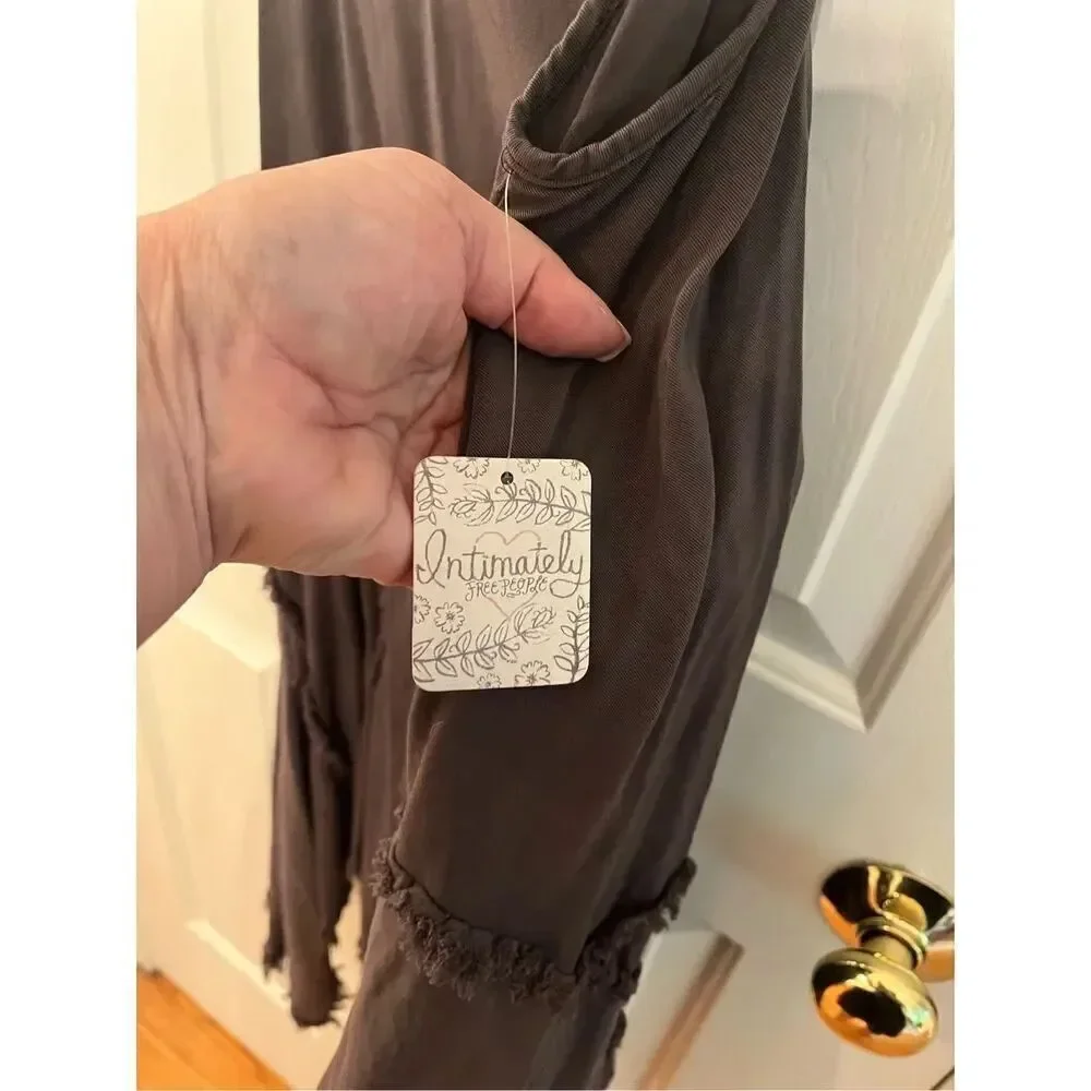 Intimately Free People Gray Tattered Up Fringe Hem Spaghetti Strap Boho Dress sz